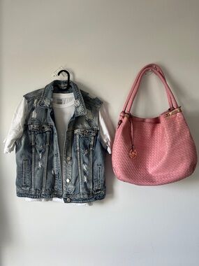 3PC Outfit Bundle | Michael Kors Pink Woven Bag + Distressed Denim Vest + WhiteT